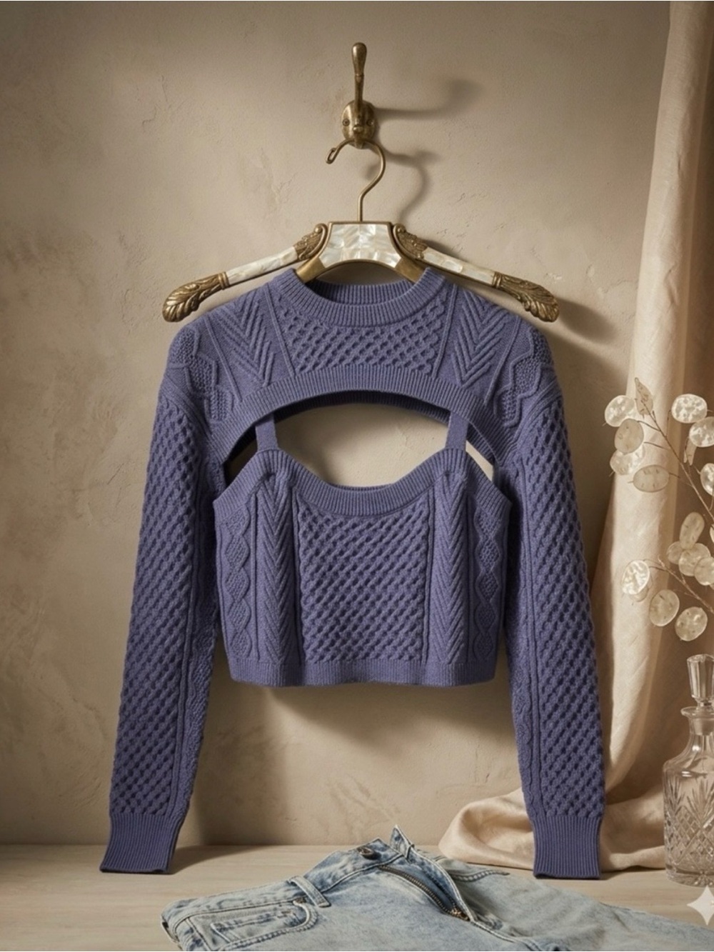 Shopbop Sokie Collective Tank Sweater Large Cable Knit Cutout Blue NWT